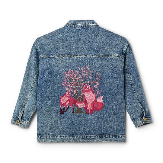Cherry blossom tree forest animal gift sakura fox Classic Women's Denim Jackets