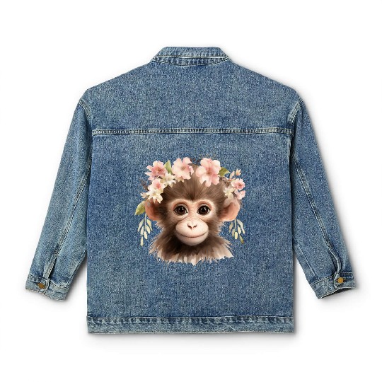 Monkey Chimpanzee Jungle Animal Boho Floral Ape Classic Women's Denim Jackets