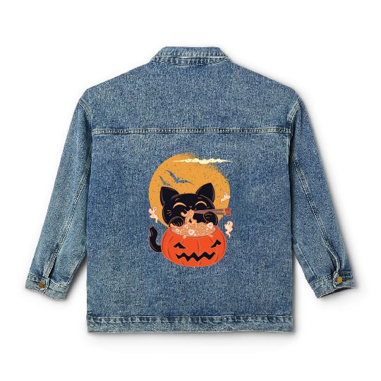 Kawaii Creepy Cat Eating Ramen Noodles Halloween Classic Women's Denim Jackets