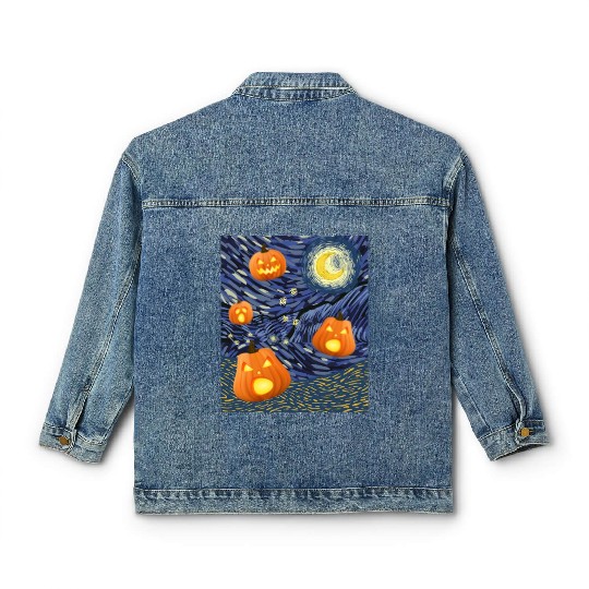 Starry Night with Pumpkins Funny Halloween Art Classic Women's Denim Jackets