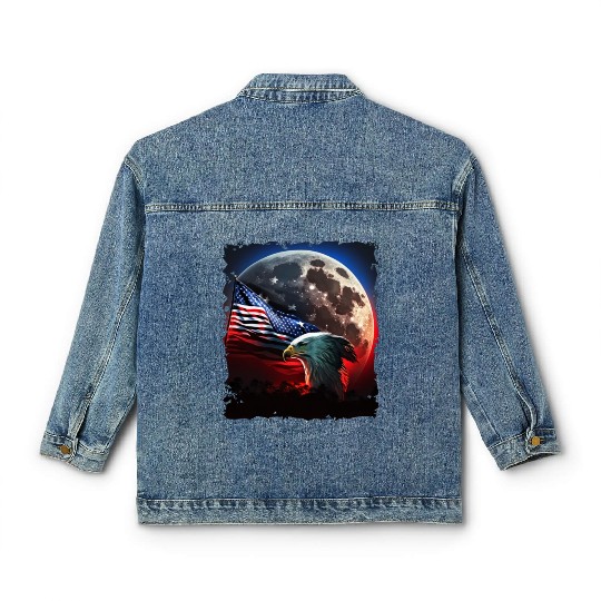 America eagle under Moon with American Flag Classic Women's Denim Jackets