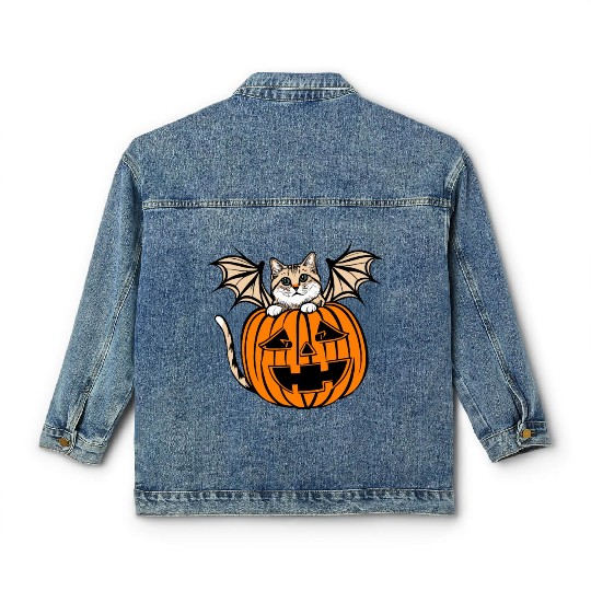 Cute Creepy Cat With Bat Wings Funny Halloween Classic Women's Denim Jackets