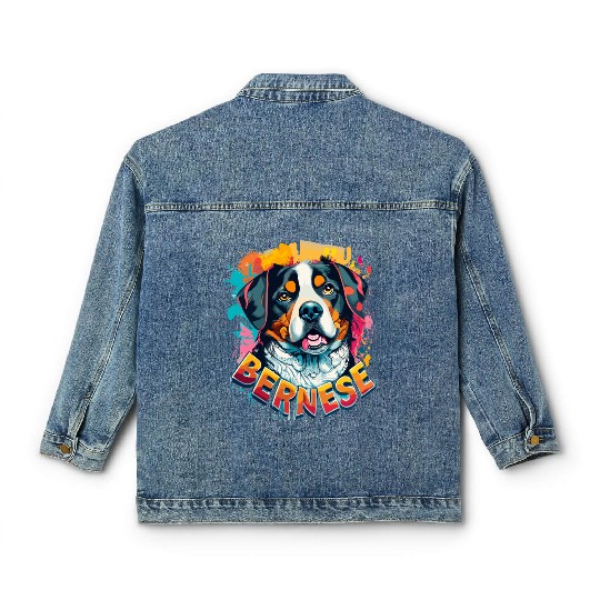 Bernese Mountain Dog Head Vibrant Color Splash Classic Women's Denim Jackets