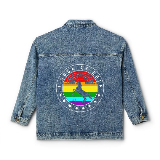 Golf Classic Women's Denim Jackets, I Suck At Golf Unicorn Rainbow Retro