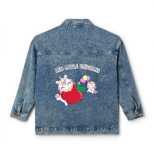 Funny Unicorn Hungry Eat a Red Apple Day Classic Women's Denim Jackets