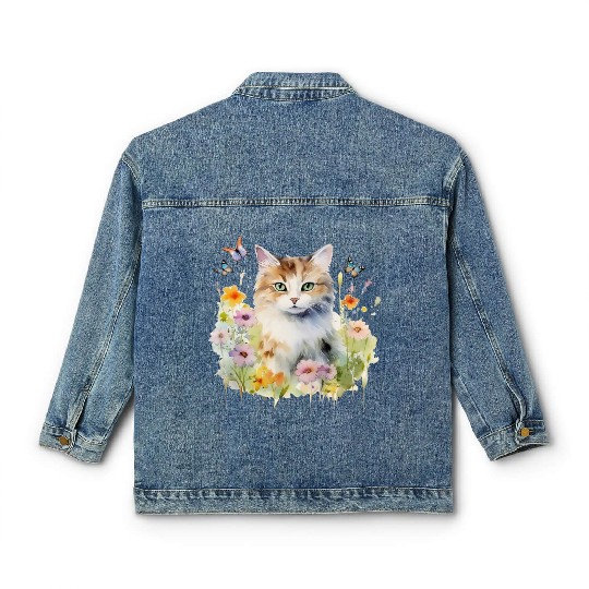 CAT Watercolor Flowers Butterflies Classic Women's Denim Jackets