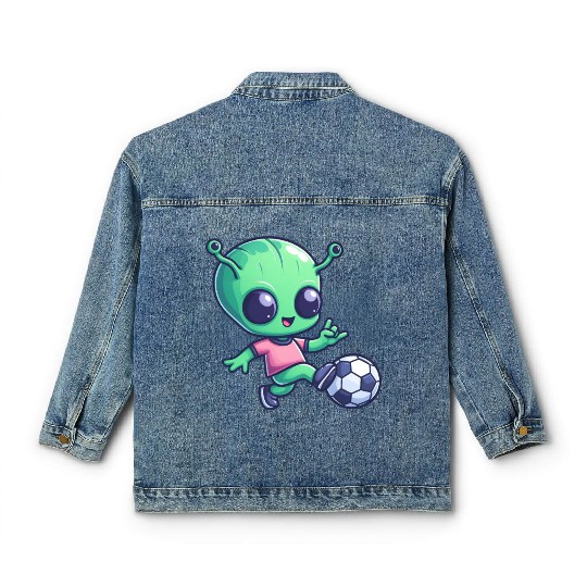 Soccer Playing Alien: Green Galaxy Meets Pitch Classic Women's Denim Jackets