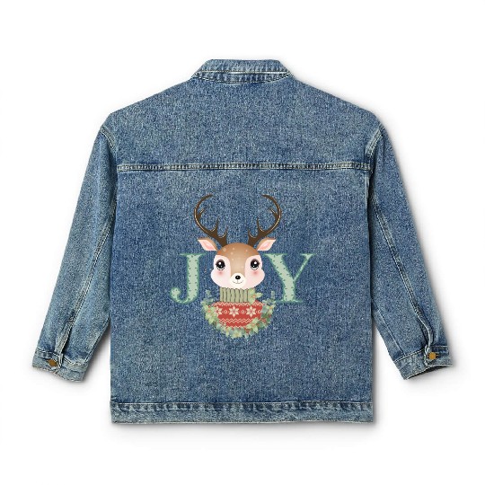 cute deer with sweater and Christmas wreath Classic Women's Denim Jackets