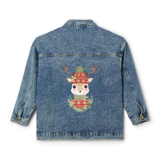 cute deer with sweater and Christmas wreath Classic Women's Denim Jackets