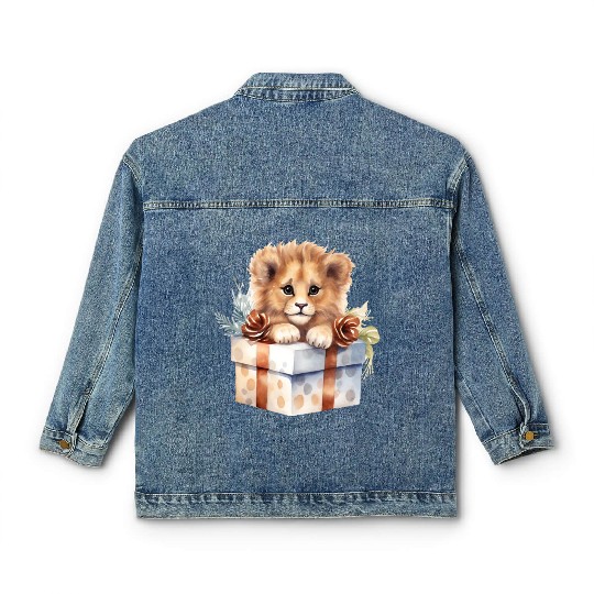 African Lion inside a Christmas gift box Classic Women's Denim Jackets