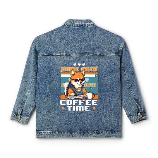 Game Over Coffee Time Funny Gamer Shiba Inu Gaming Classic Women's Denim Jackets