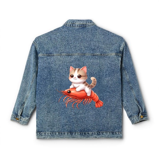 Cat rides on shrimp Classic Women's Denim Jackets