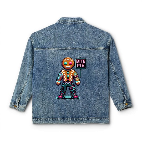 Cyberpunk Gingerbread Man Neon 'Bite Me' Christmas Classic Women's Denim Jackets