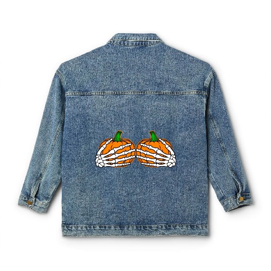Halloween Skeleton Hands On Chest Pumpkin Boobs Classic Women's Denim Jackets