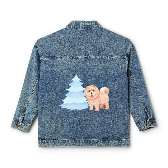 Christmas tree and brown cute dog Classic Women's Denim Jackets