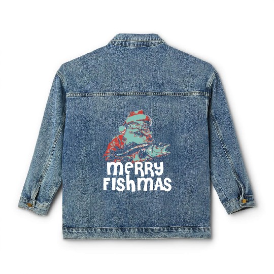 Funny Santa Claus Fishing Merry Fishmas Christmas Classic Women's Denim Jackets