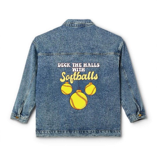Softball Player Catcher Christmas Balls Deck The Classic Women's Denim Jackets