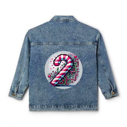 Neon Cyberpunk Candy Cane 8-Bit Pixel Christmas Classic Women's Denim Jackets