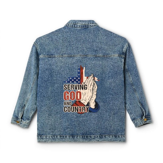 Serving God And Country US Flag Cross Patriotic Ch Classic Women's Denim Jackets