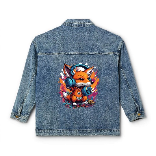 Fox with Graffiti Headphones Playing Yoyo Classic Women's Denim Jackets