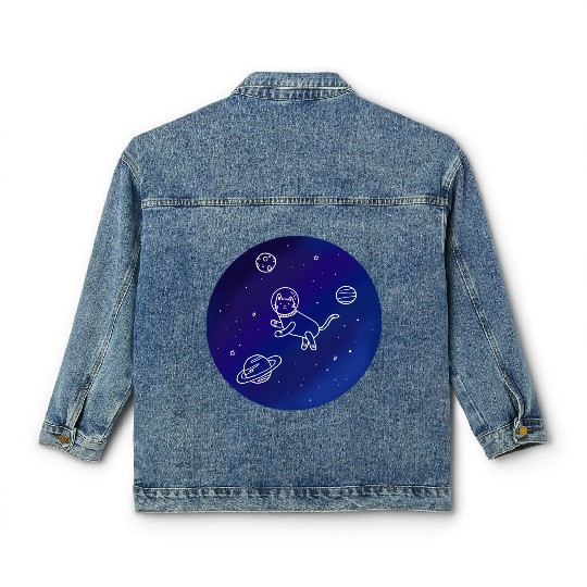 Doodle-Style Hand Drawn Space Cat Classic Women's Denim Jackets