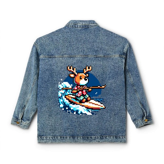 Surfing Reindeer: 8-Bit Holiday Wave Classic Women's Denim Jackets