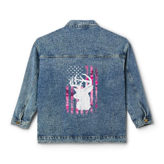 Deer Hunting Camo Pink Camouflage American Flag Classic Women's Denim Jackets