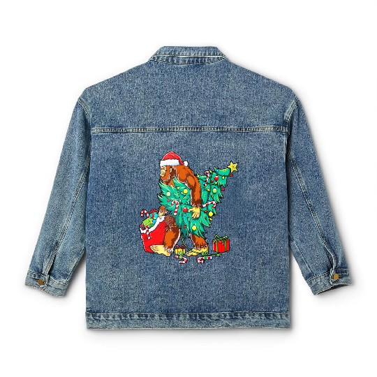 Bigfoot Christmas Sasquatch Squad Crew Tree Lights Classic Women's Denim Jackets