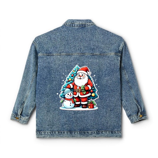 Santa Claus with Snowman and Decorated. Classic Women's Denim Jackets