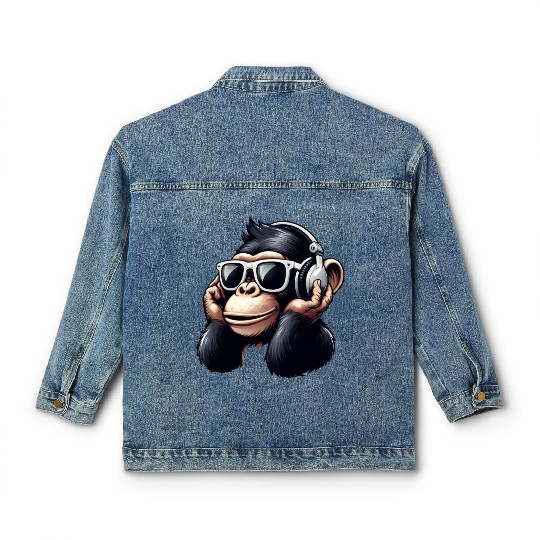 Chimpanzee with sunglasses and headphones Classic Women's Denim Jackets