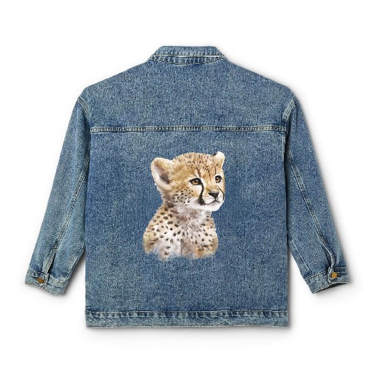 Baby Cheetah Art Watercolor Painting Portrait Classic Women's Denim Jackets