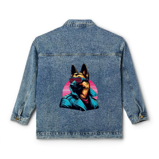 Funny trendy german shepherd cyber retro portrait Classic Women's Denim Jackets