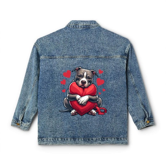 Cute Pitbull Holding a Heart Cartoon Classic Women's Denim Jackets