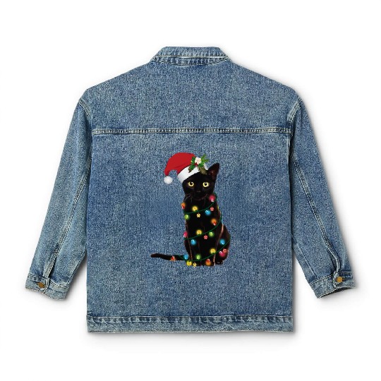 Santa Black Cat Tangled Sup In Christmas Classic Women's Denim Jackets