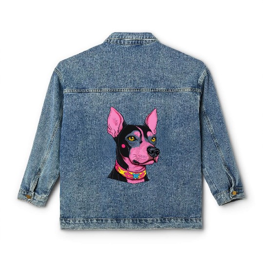 black and pink dog with yellow eyes Punk Rock Classic Women's Denim Jackets
