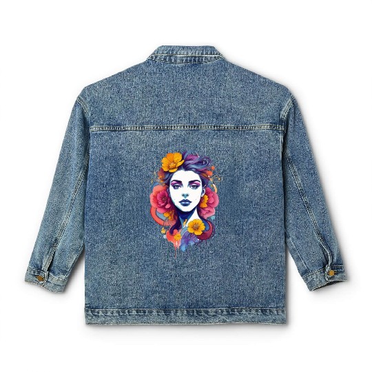 Stylish, bright art. Girl with flowers in her hair Classic Women's Denim Jackets