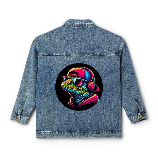 Cool gecko lizard with dj headphones Classic Women's Denim Jackets