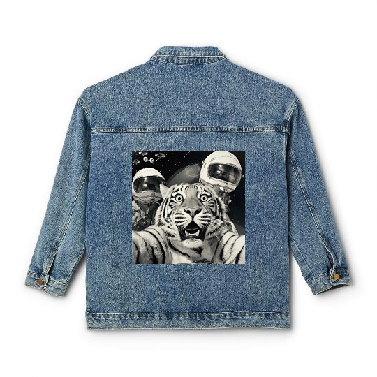 Funny Graphic Classic Women's Denim Jackets Tiger Selfie with Alien UFOs