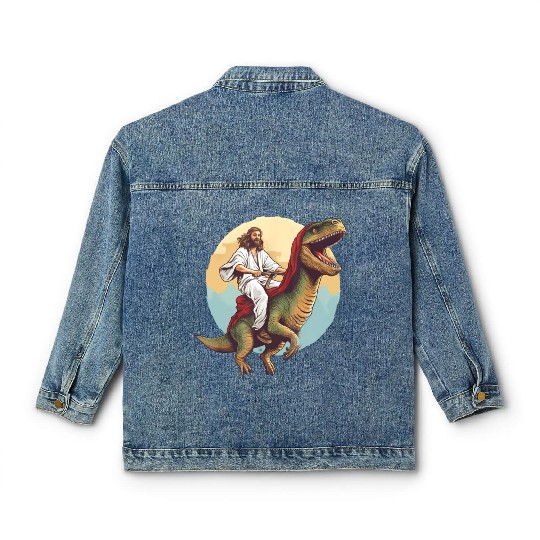 Jesus Riding a Dinosaur Meme Dino Lover Classic Women's Denim Jackets