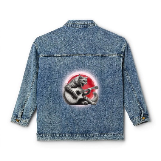 Rock Cat Playing Guitar Classic Women's Denim Jackets under the red moon