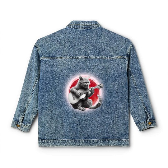 Rock Cat Playing Guitar Classic Women's Denim Jackets under the red moon