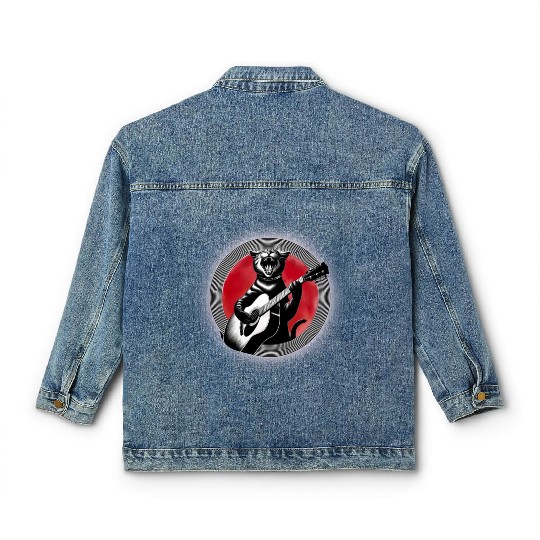 Rock Cat Playing Guitar Classic Women's Denim Jackets under the red moon