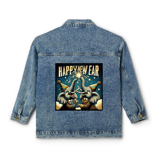 New Year's Eve Elephant Cheers with Champagne Classic Women's Denim Jackets