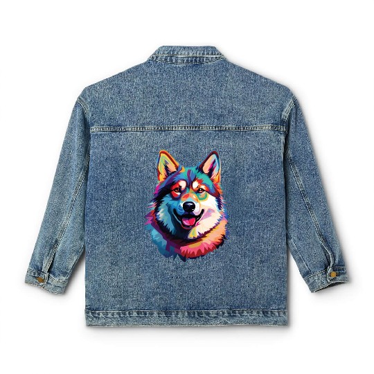 Watercolor Colorful Akita Classic Women's Denim Jackets