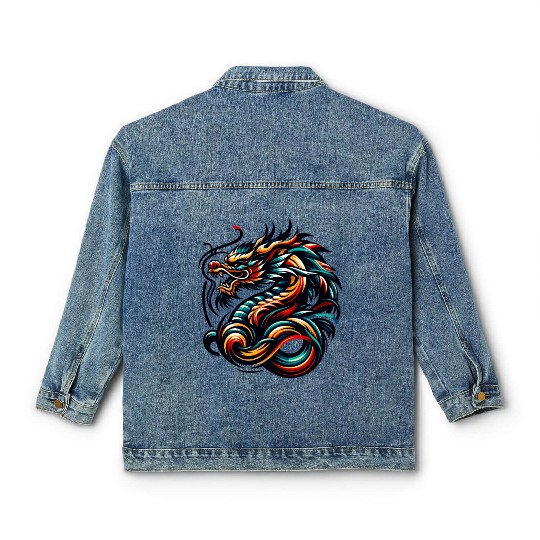 Colorful Chinese Dragon Artwork and Tribal Design Classic Women's Denim Jackets