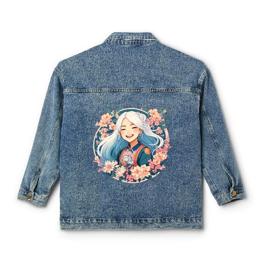 Happy Smile Pretty Japanese Anime Girl with Flower Classic Women's Denim Jackets