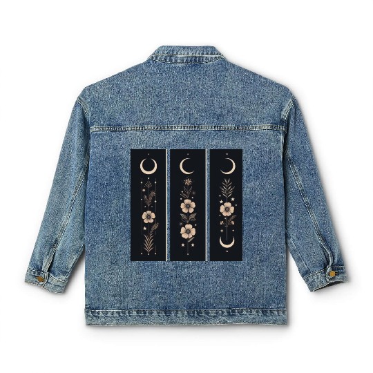 Moon phases with wild flowers and constellations Classic Women's Denim Jackets