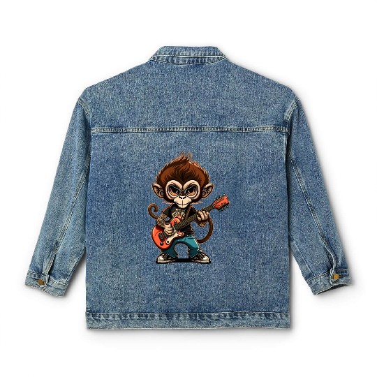 Monkey Chimpanzee Playing Acousitc Rock Guitar Classic Women's Denim Jackets