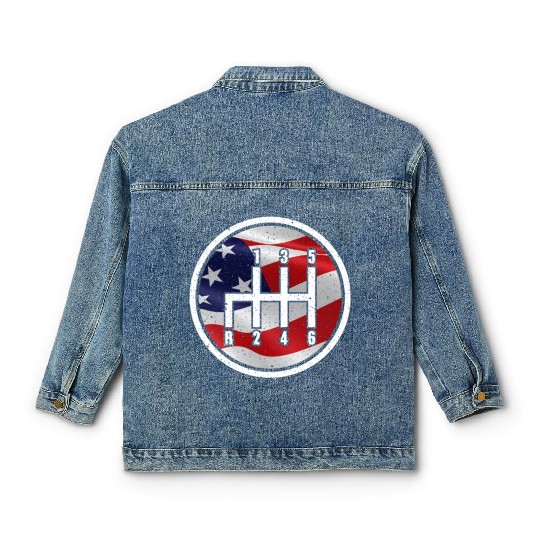 American Flag Muscle Car 6 Gears Knob Car Mechanic Classic Women's Denim Jackets