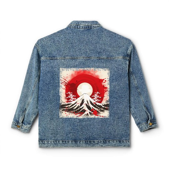 Kyoto Mountains: Flag, Volcano, and Blood Moon Classic Women's Denim Jackets